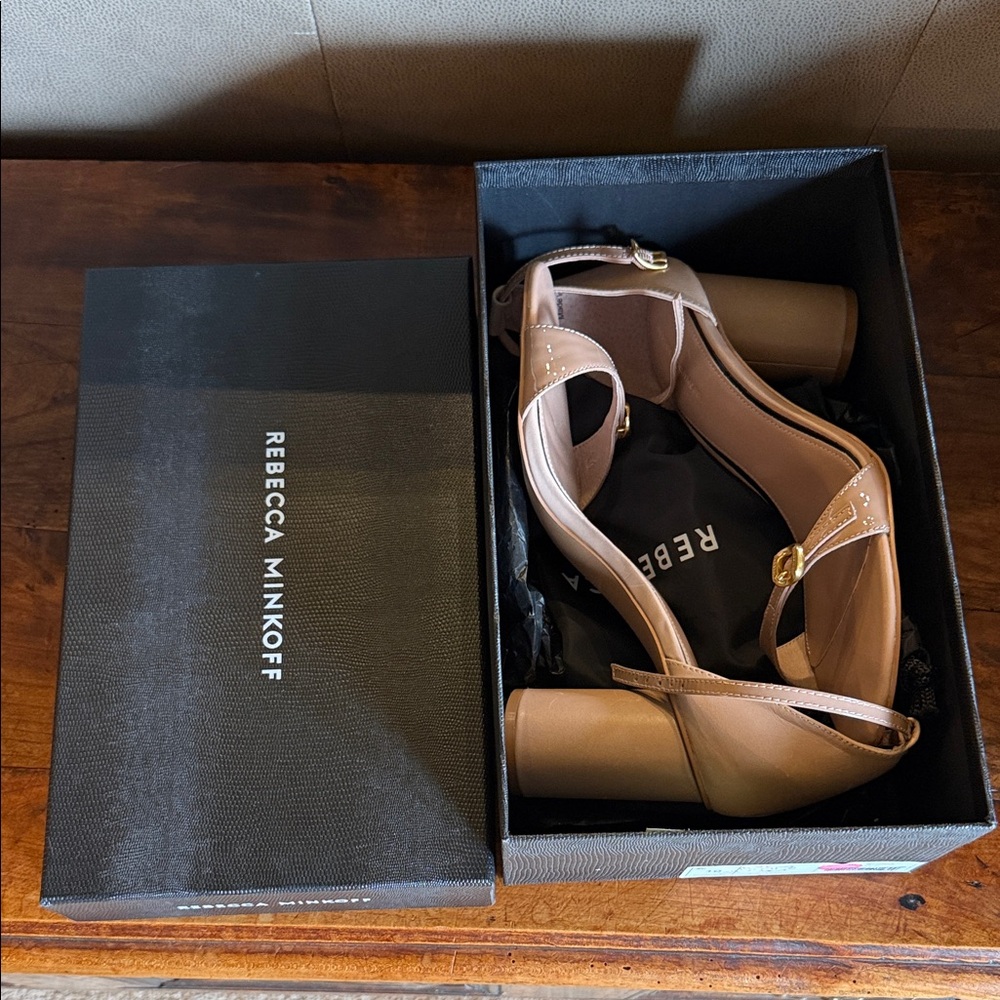 Rebecca Minkoff Taupe Block Heels with Gold Buckle-NEW